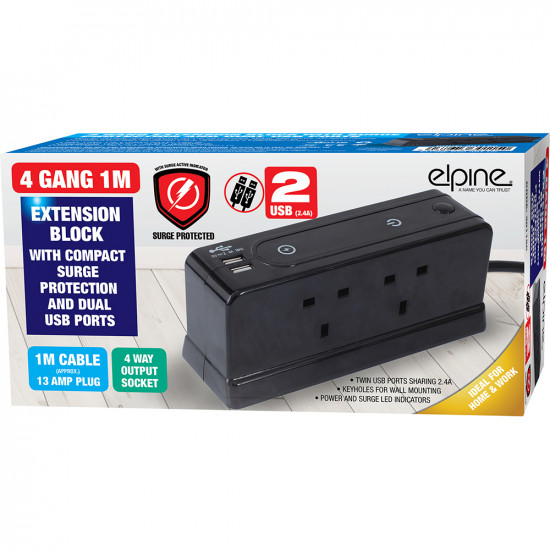 New 4 Gang 1M Extension Block 2 Usb Ports Desktop 2 Plug Outlet 13Amp Power Home Electrical, Adaptors & Extension Leads image