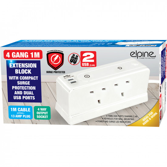 New 4 Gang 1M Extension Block With 2 Usb Ports 13 Amp Surge Protected Office image