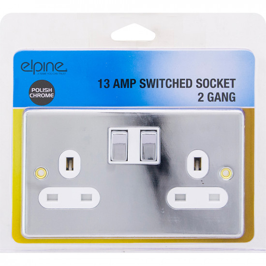 New 13 Amp Socket Double Switch Plug 2 Gang Power Electric Wall Polish Chrome Electrical, Household Appliances image