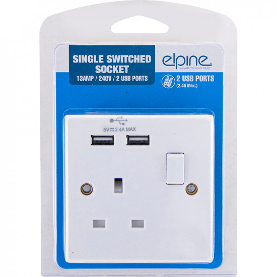 New 13Amp Single Socket Switch Plug 2 Usb Outlet Power Electric Wall Power image
