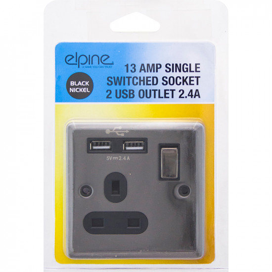 New Black Nickel Single Switched Socket 2 Usb Outlets Home With Fixing Screws Electrical, Household Appliances image