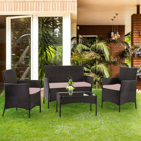 4Pc Garden Rattan Black Furniture Set Patio Glass Table Chair Sofa Relax Outdoor Garden & Outdoor, Garden Furniture image