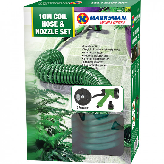 10M Retractable Coil Hose Garden Spray Gun 5 Function Pipe Reel Nozzle Tap New image