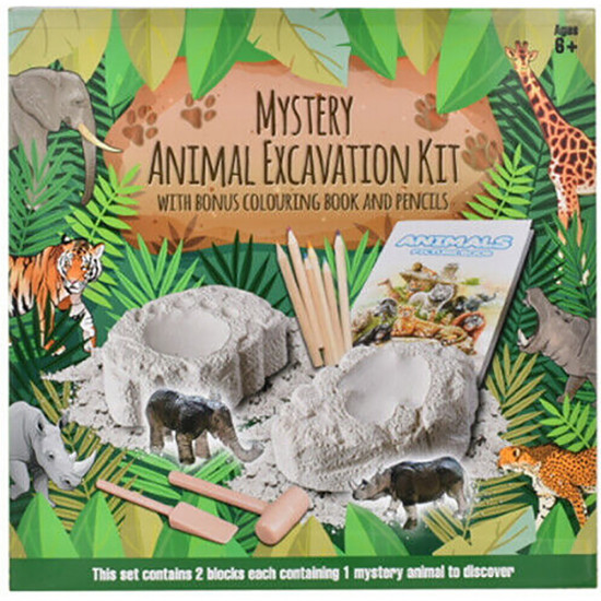 New Mystery Animal Excavation Kit Kids Fun Activity Toy Colouring Book Pencils image