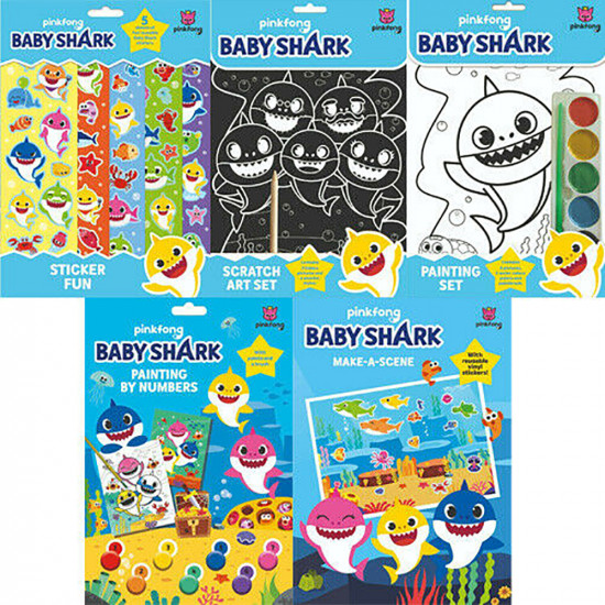 New Set Of 5 Baby Shark Fun Activity Set Craft Paint Colour Scratch Sticker Gift image
