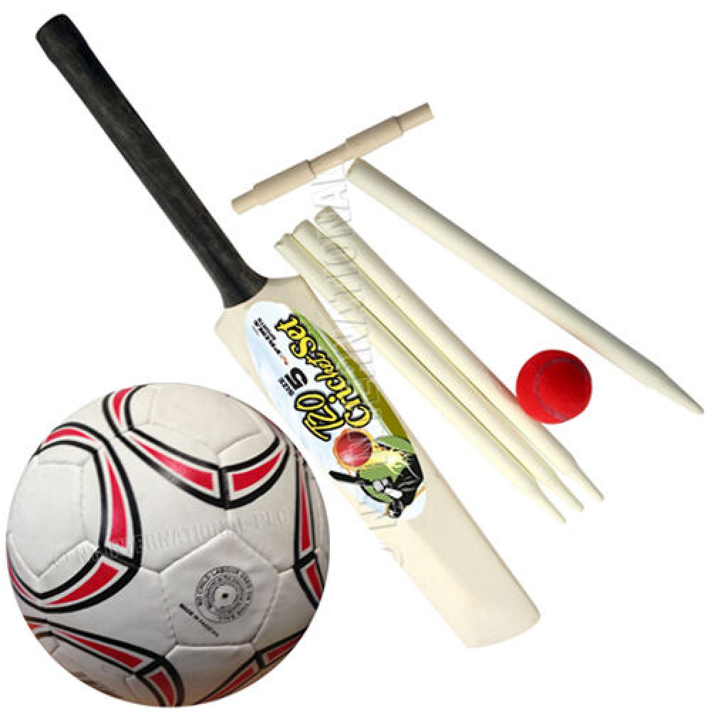 Set Of 2 Football + Cricket Set Sports Ball Bat Kids Outdoor Garden Fun  Activity