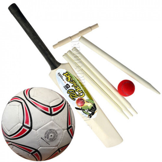 Set Of 2 Football + Cricket Set Sports Ball Bat Kids Outdoor Garden Fun Activity image