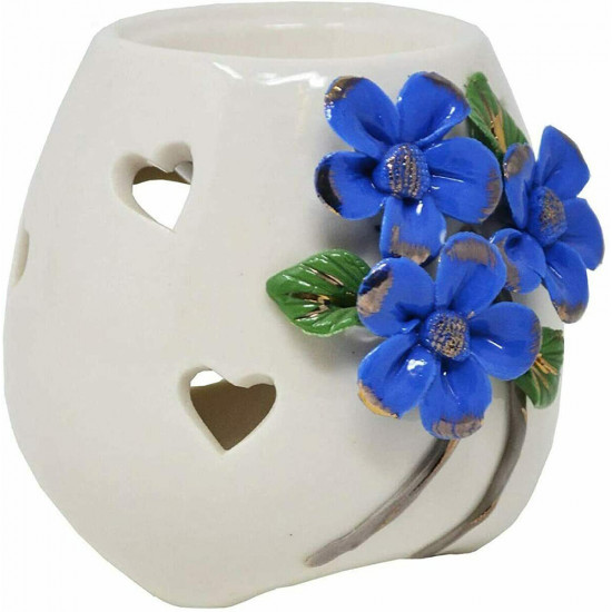 3 X Blue Flower Ceramic Oil Burner Wax Candle Gift Tea Light Holder Lamp Melts image