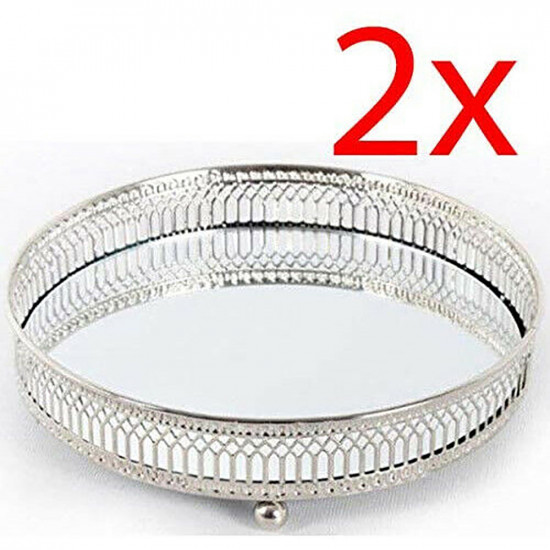 Set Of 2 Silver Mirror Base Candle Plate Indoor Decoration Antique Gift 20Cm New image