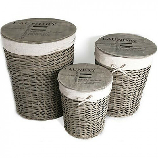 Set Of 3 Wicker Laundry Basket With Lid Hamper Bin Storage Clothes Washing New image