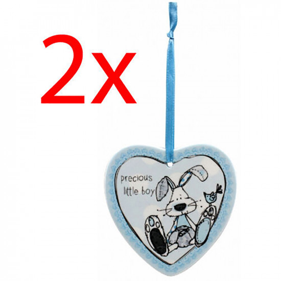 2 X Little Miracle Baby Boy Blue Hanging Heart Plaque 11Cm Gift Decor Bedroom image