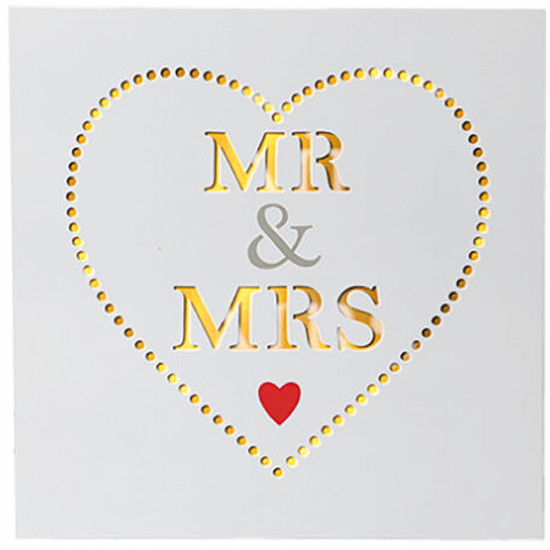 Mr & Mrs 10 Led Plaque Wooden Heart Gift 30Cm Wedding Anniversary Present Wall image