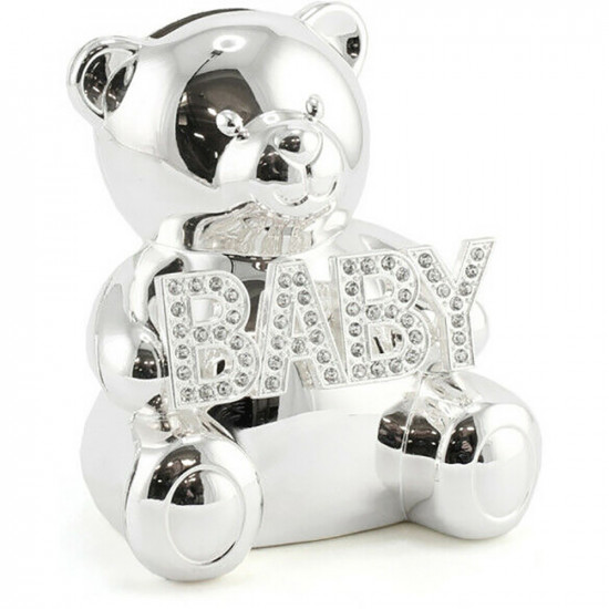New Baby Teddy Bear Silver Plated Moneybox Piggy Bank Fun Diamante Savings Gift Household, Miscellaneous image