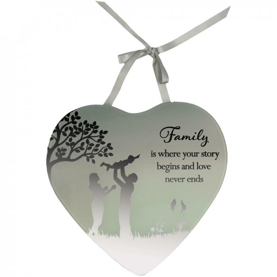 New Family Heart Shaped Hanging Mirror Plaque Message Gift Home Decor Present image