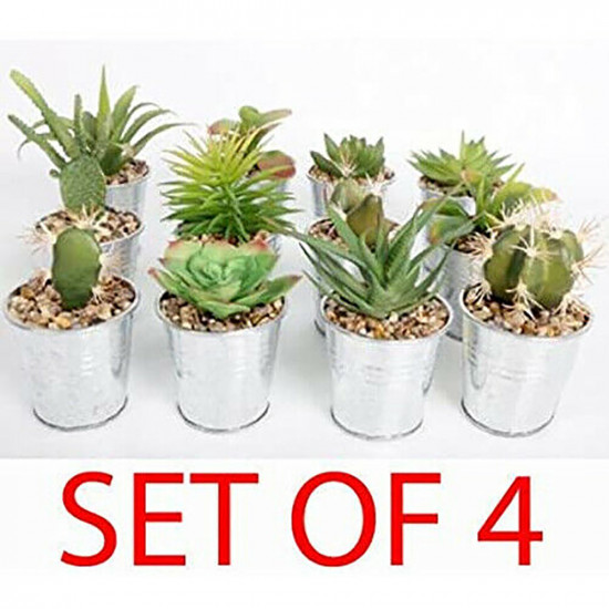 Set Of 4 Imitation Succulents Plants In Tin Pot Pebbles Home Decor Kitchen Table image