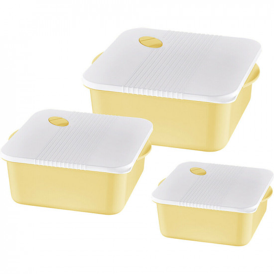 New Set Of 3 Food Containers Storage Square Box Lid Handles Plastic Lunch Yellow Household, Storage Containers image