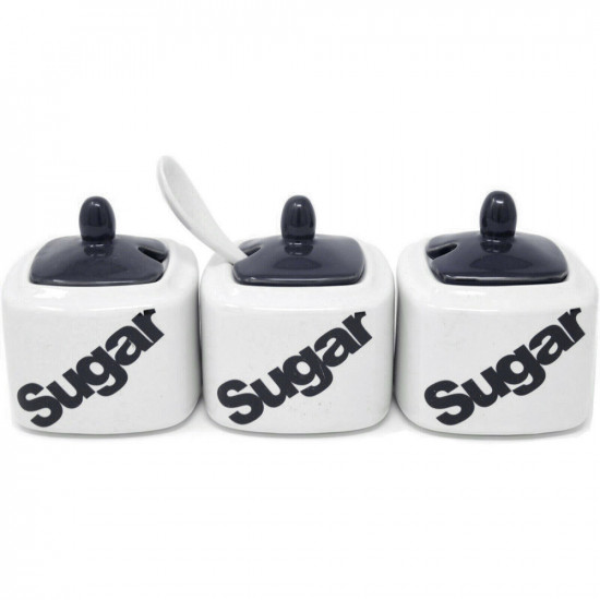 Set Of 3 Sugar Pots With Spoons Kitchen Storage Canisters Ceramic 8Cm Jar Black image