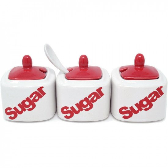 Set Of 3 Sugar Pots With Spoons Kitchen Storage Canisters Ceramic 8Cm Jar Pot Household, Storage Containers image