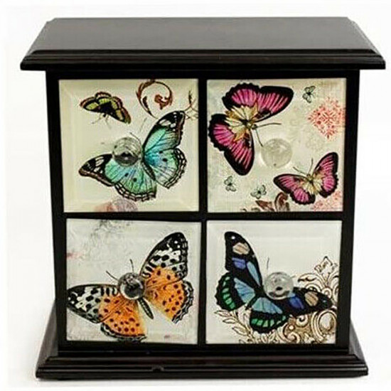 Wooden Glass 4 Drawer Chest Cabinet Storage Unit Box Jewellery Watch Gift Set image