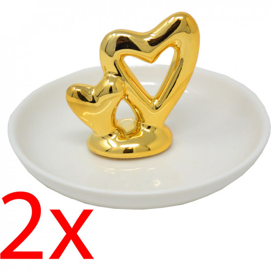 2 X Heart Trinket Dish Gold Rings Necklace Jewellery Gift Plate Ceramic Storage image