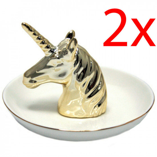 2 X Unicorn Trinket Dish Gold Rings Necklace Jewellery Plate Ceramic Gift Horse Household, Storage image