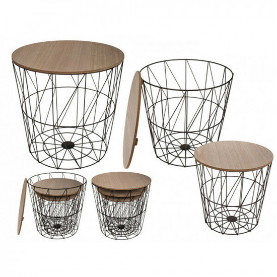Set Of 3 Round Table Metal Basket With Wooden Plate Lid Top Fruit Dining Coffee Household, Storage image
