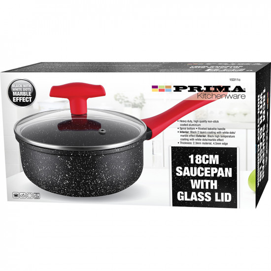 18Cm Saucepan Set With Glass Lid Marble Effect Cookware Kitchen Pot Pan Handle image