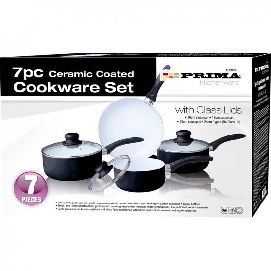 New 7Pc Black Cookware Set Saucepan Kitchen Non Stick Glass Lid Ceramic Handle image