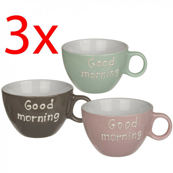 3 X Good Morning Cup Coffee Tea Mug Set Kitchen Drinking Stoneware 12Cm Gift Kitchenware, Glassware image