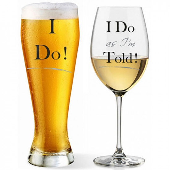 I Do & I Do As Im Told Glass Wine Beer Gift Set Present Champagne Anniversary image