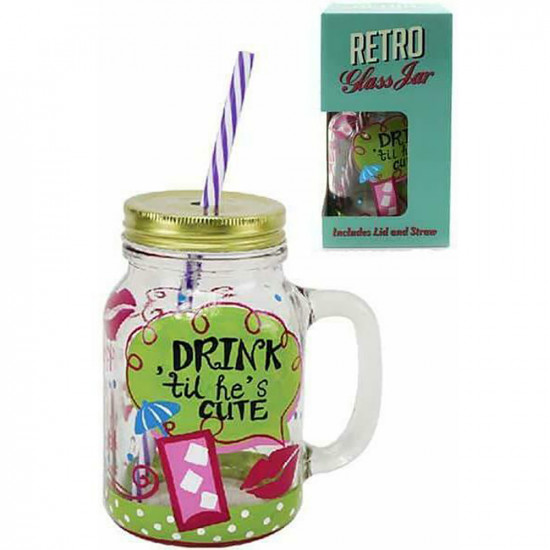 New Drink Til Hes Cute Retro Glass Jam Jar With Straw Lid Fun Novelty Xmas Gift image