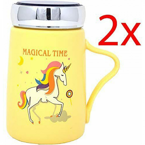 New Set Of 2 Ceramic Mug Magical Time Unicorn Coffee Cup Novelty Gift Lid 13Cm image