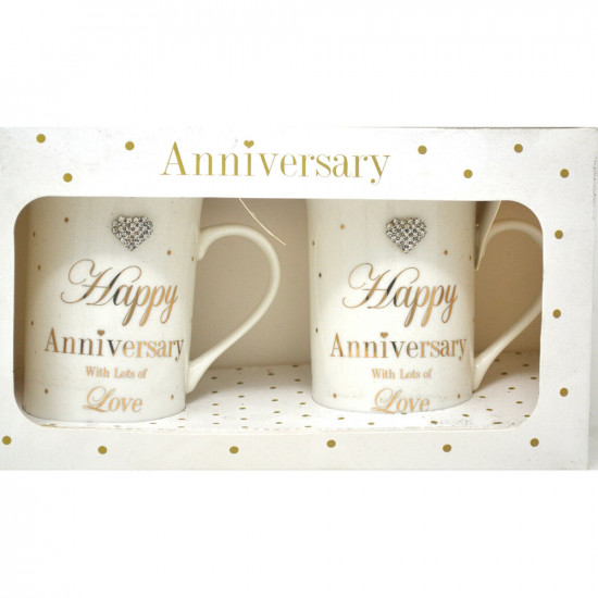 New Set Of 2 Happy Anniversary Mugs Diamond Hearts Coffe Tea Present Cup Gift Kitchenware, Glassware image