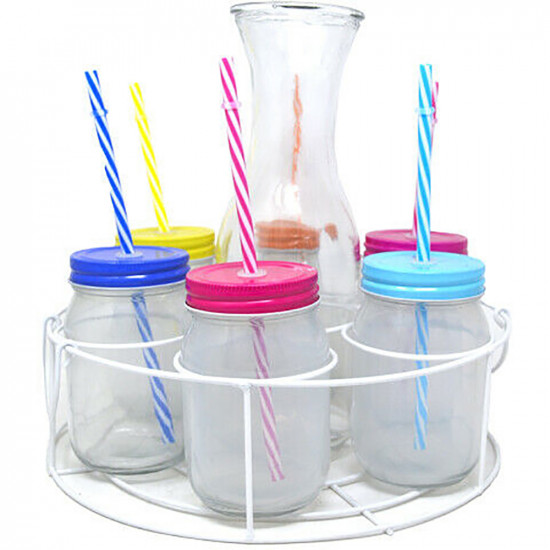 New Set Of 6 Drinking Jars With Jug And Stand Drink Straws Party Summer Bbq Xmas Kitchenware, Glassware image