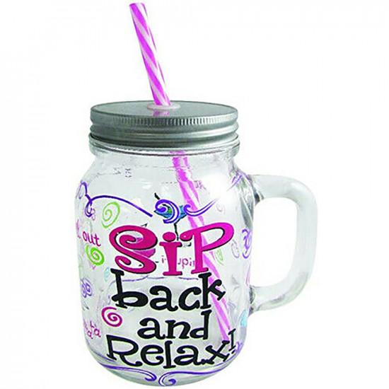 New Sip Back And Relax Retro Glass Jam Jar With Straw Lid Fun Novelty Xmas Gift Kitchenware, Glassware image