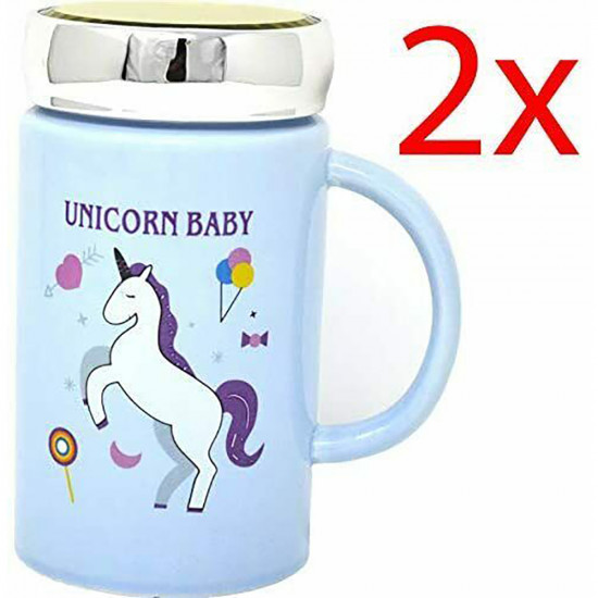 Set Of 2 Blue Ceramic Mug Magical Unicorn Baby Coffee Cup Novelty Gift Lid 13Cm Kitchenware, Glassware image