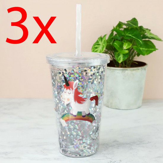 Set Of 3 Unicorn Glitter Travel Cup Mug With Straw Double Walled Hot Cold Drinks image