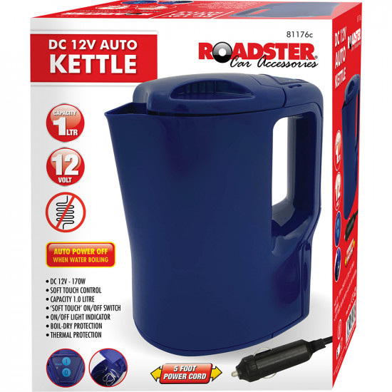 New 12V Electric Kettle Portable Kitchen Blue Cordless Car Van 1 Litre Camping image