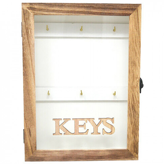 New Key Cabinet Storage Wooden Rack 6 Hooks Holder Cupboard Glass Lid Organiser image