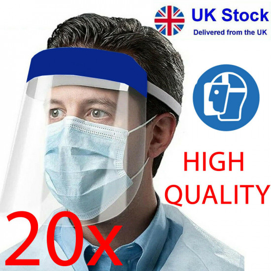20 X Full Face Mask Visor Shield Ppe Protection Reusable Plastic Guard Safety Uk Seasonal, Health Care image