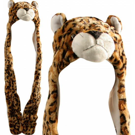 New Leopard Long Animal Hats Hood Scarf Fleece Lined Pocket Xmas Gift Winter Fur Seasonal image