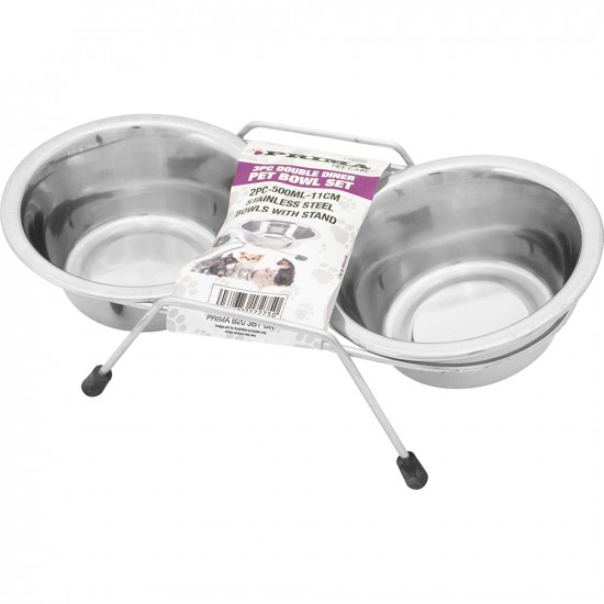 3Pc Double Pet Diner Bowl Set Stainless Steel Raised Stand Cats Dog Puppy Feeder Seasonal, Pet Accessories image