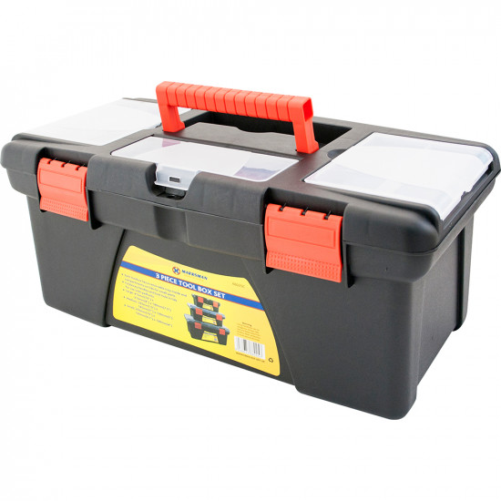 3pc Plastic Tool Box Chest Set Handle Tray & Compartment Diy Storage Toolbox