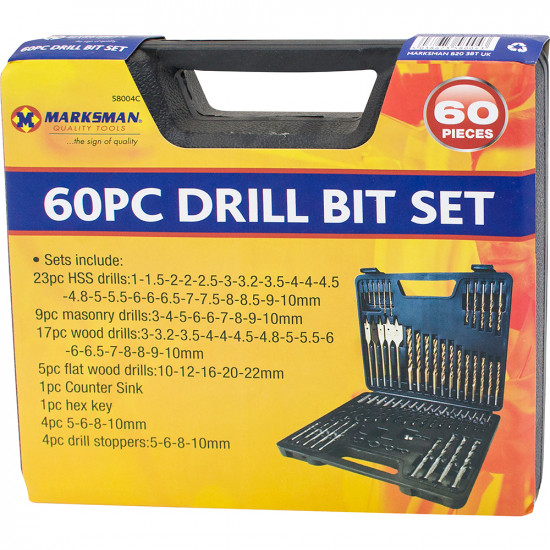 New 60Pc Drill Bits Set Wood Hss Masonry Hex Key Drilling In Case Kit Diy Tools Tools & DIY, Drill Bits & Routers image