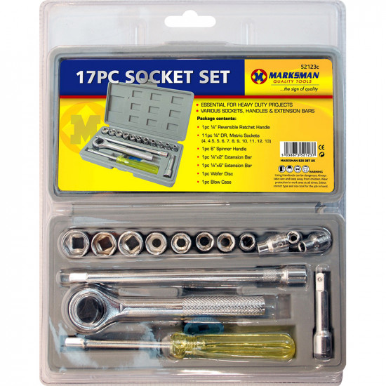 17Pc Socket Set Heavy Duty Tool Diy In Case Metric Ratchet Handle 1/4