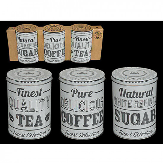 Set Of 3 Sugar Tea Coffee Tin Canister Set Retro Vintage Gift Lid Storage New
