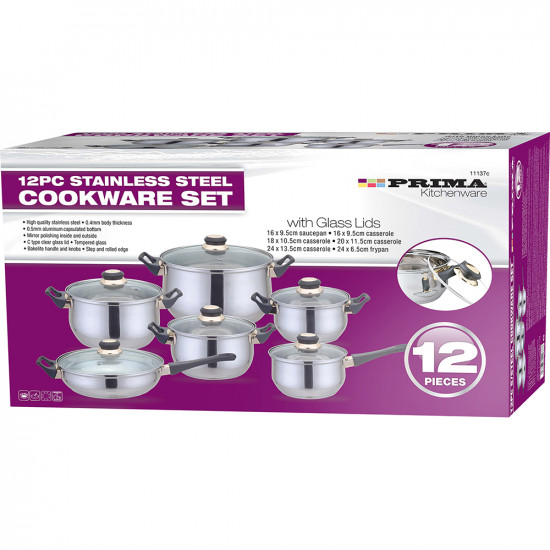 12Pc Stainless Steel Cookware Saucepan Frypan Casserole Set With Glass Lid