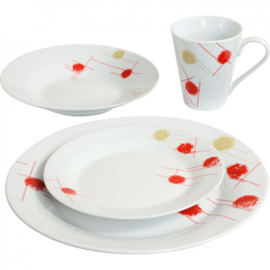 16Pc Dinner Set Bowl Plate Mug Soup Side Porcelain Cup Gift Kitchen Service New Cream & Red image