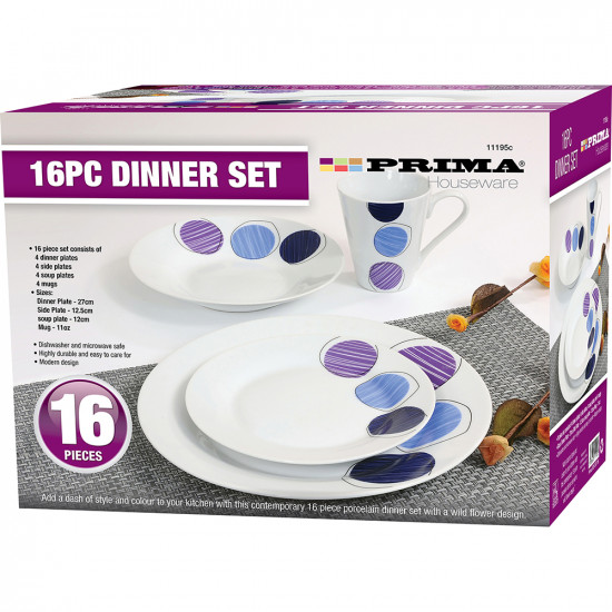 16Pc Dinner Set Bowl Plate Mug Soup Side Porcelain Cup Blue & Purple Patterns