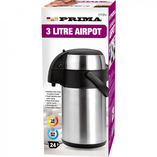 New 3 Litre Stainless Steel Airpot Tea Coffee Vacuum Flask Handle Lightweight